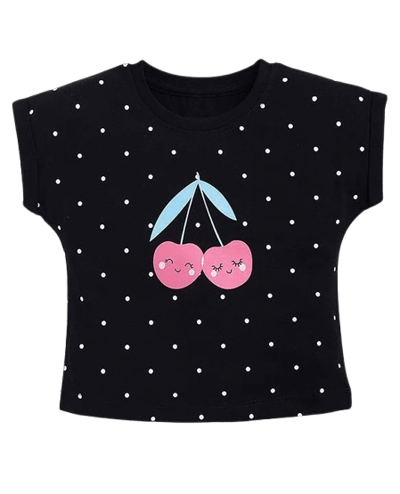 Fruits & Polka Dot Printed Half Sleeve Tee – Black
