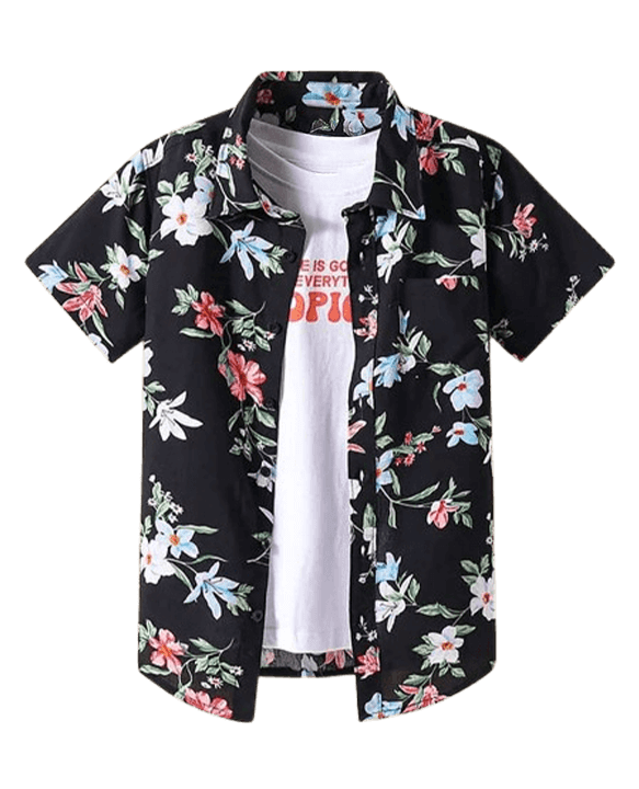 Half Sleeves Floral Viscose Shirt with Inner Tee – Blue & Black