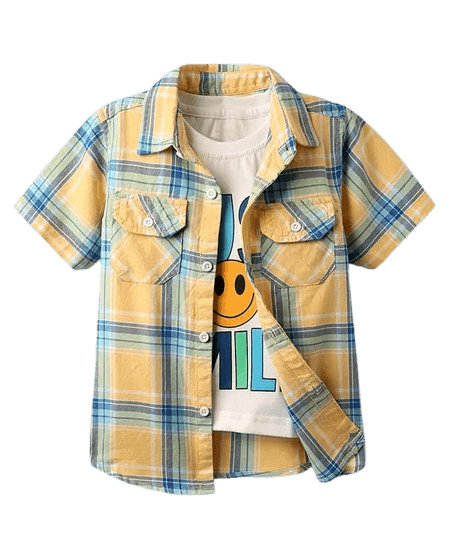 Yellow & White Cotton Check Shirt with Sleeveless Printed T-Shirt