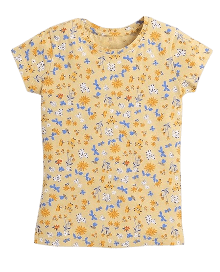 Floral & Butterfly Printed Yellow Cotton Tee